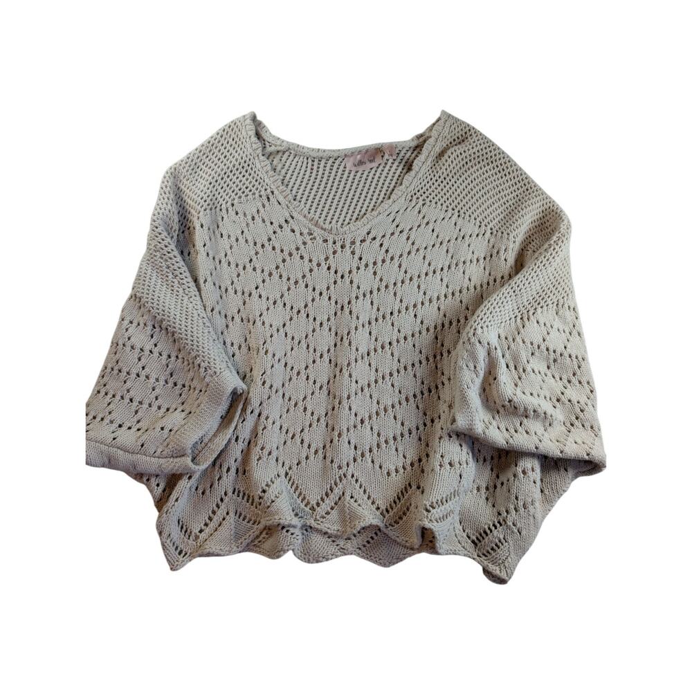 Willow & Root BUCKLE Sweater Women's L Beige Open Knit Cropped Scalloped Cotton